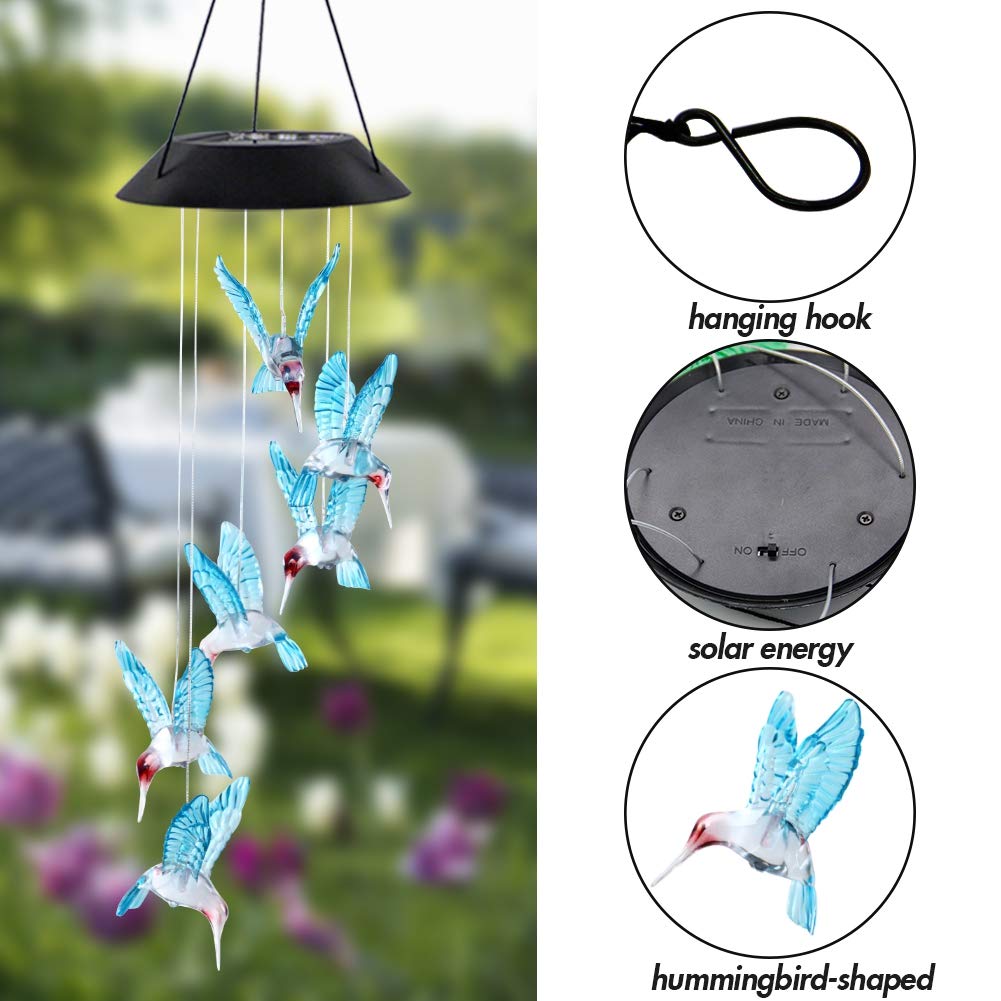 MorTime hummingbird wind chime mounted on a tree for warm patio lighting.
