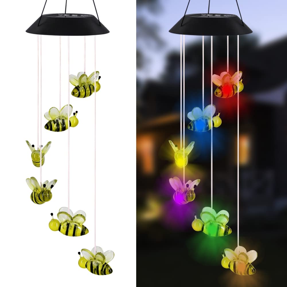 MorTime LED solar bee wind chime garden glow with color-changing light