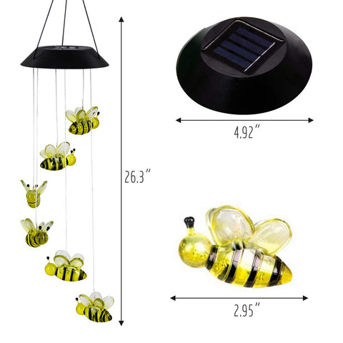 MorTime LED solar bee wind chime hanging from a tree offering ambient illumination