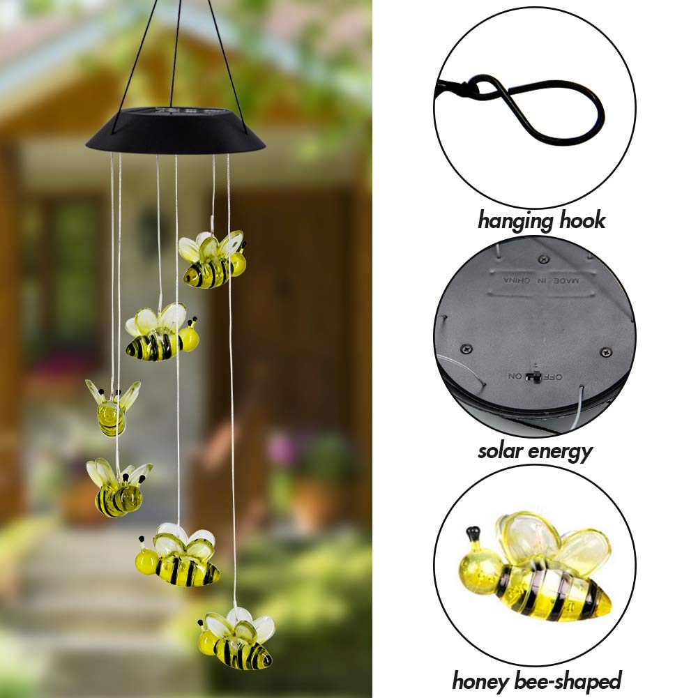 MorTime bee wind chime patio decor showcasing glass shimmer at night