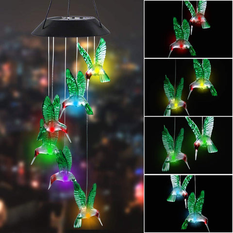 MorTime LED solar hummingbird wind chime with glass glows for garden ambiance.
