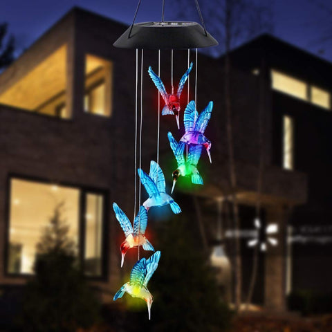 MorTime night-lit hummingbird wind chime adds soft garden illumination.