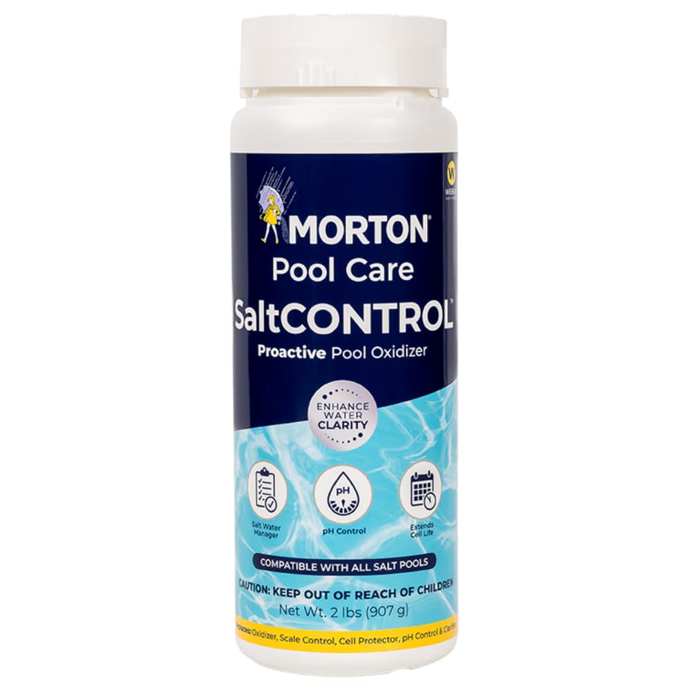 Morton SaltCONTROL pool enhancer bottle label showing all-in-one balance for pH and scale prevention.