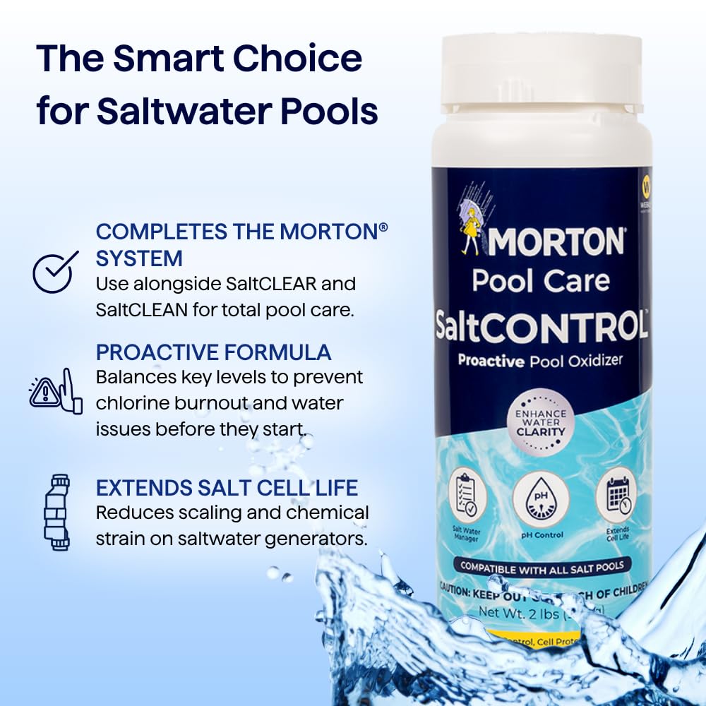 Morton SaltCONTROL pool enhancer water clarity image showing sparkling pool water and filtration boost.
