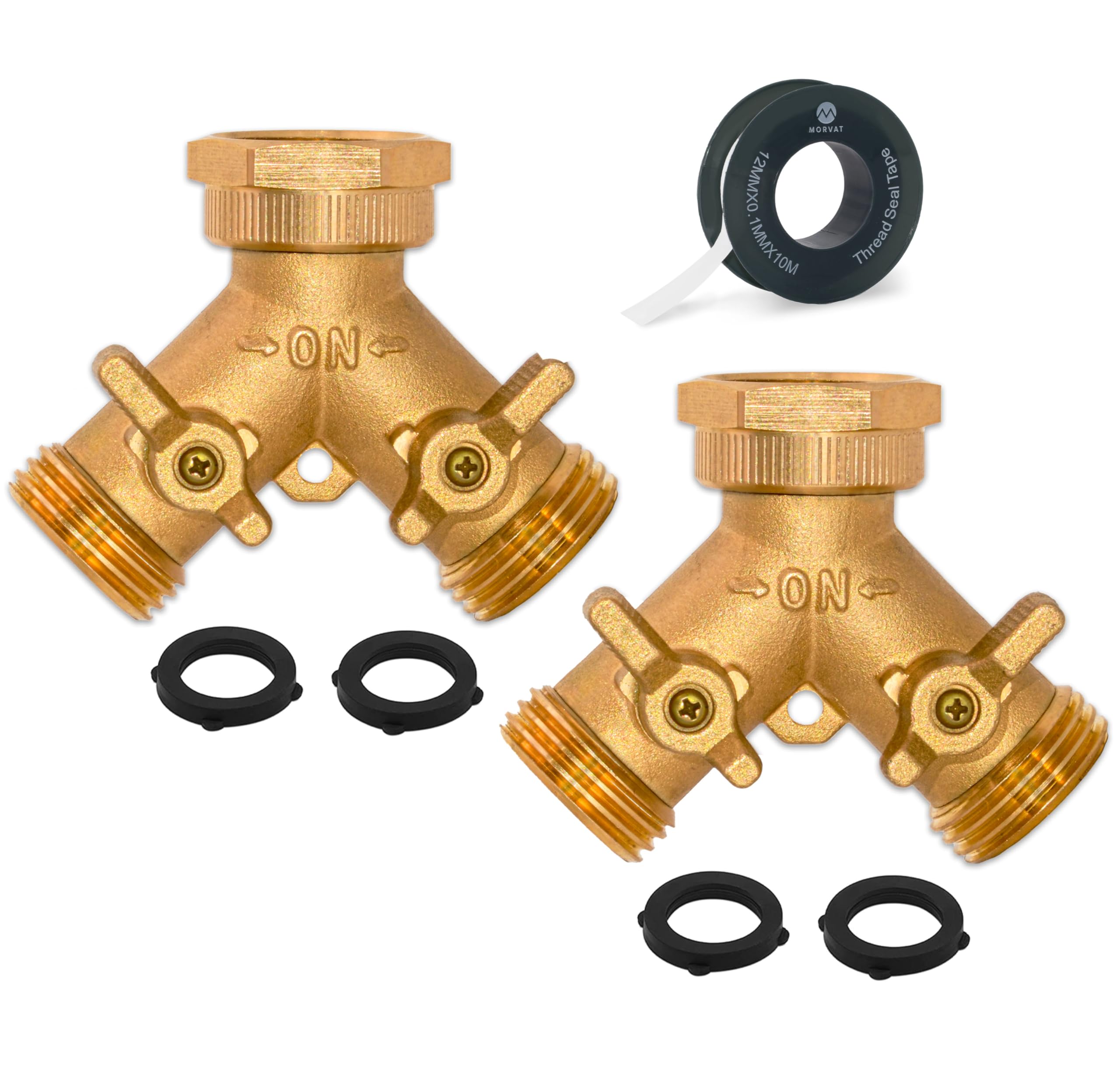 Morvat brass 2-way Y splitter with dual valves for easy watering control.