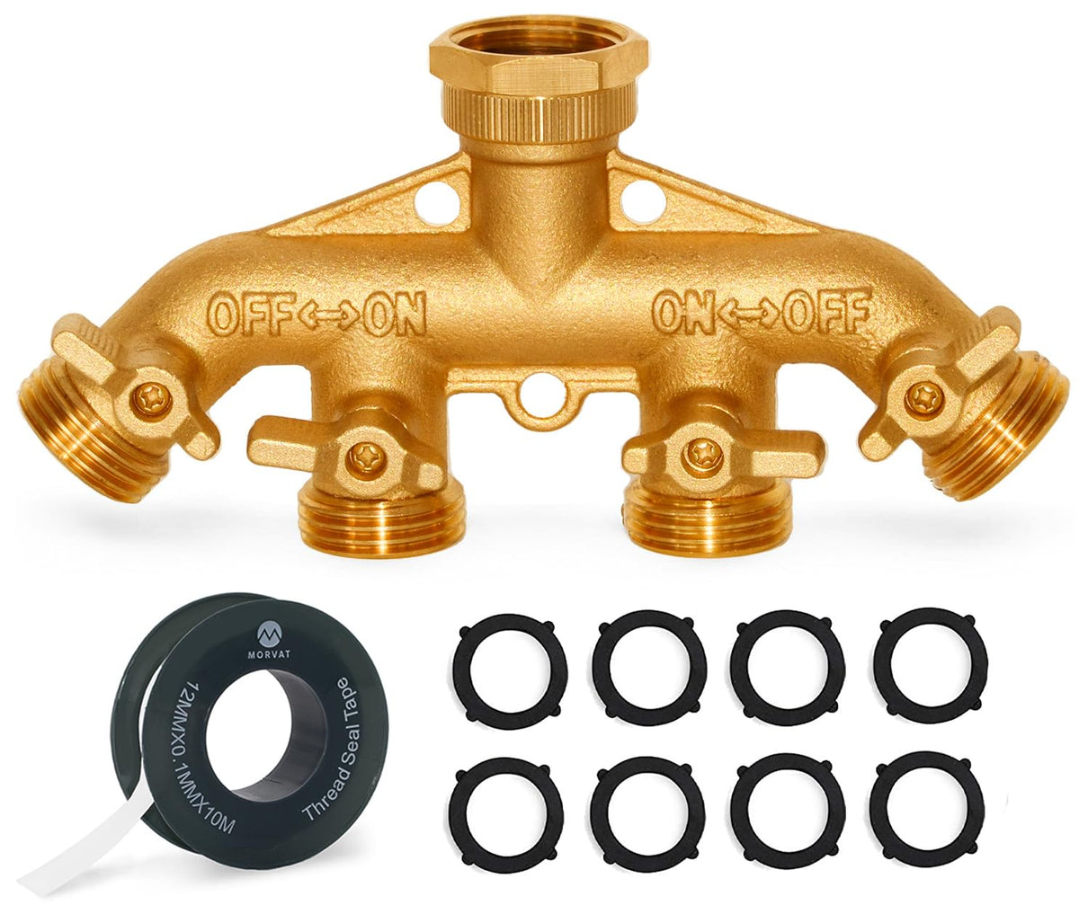 Morvat brass 4-way splitter showing four outlets for simultaneous watering tasks.