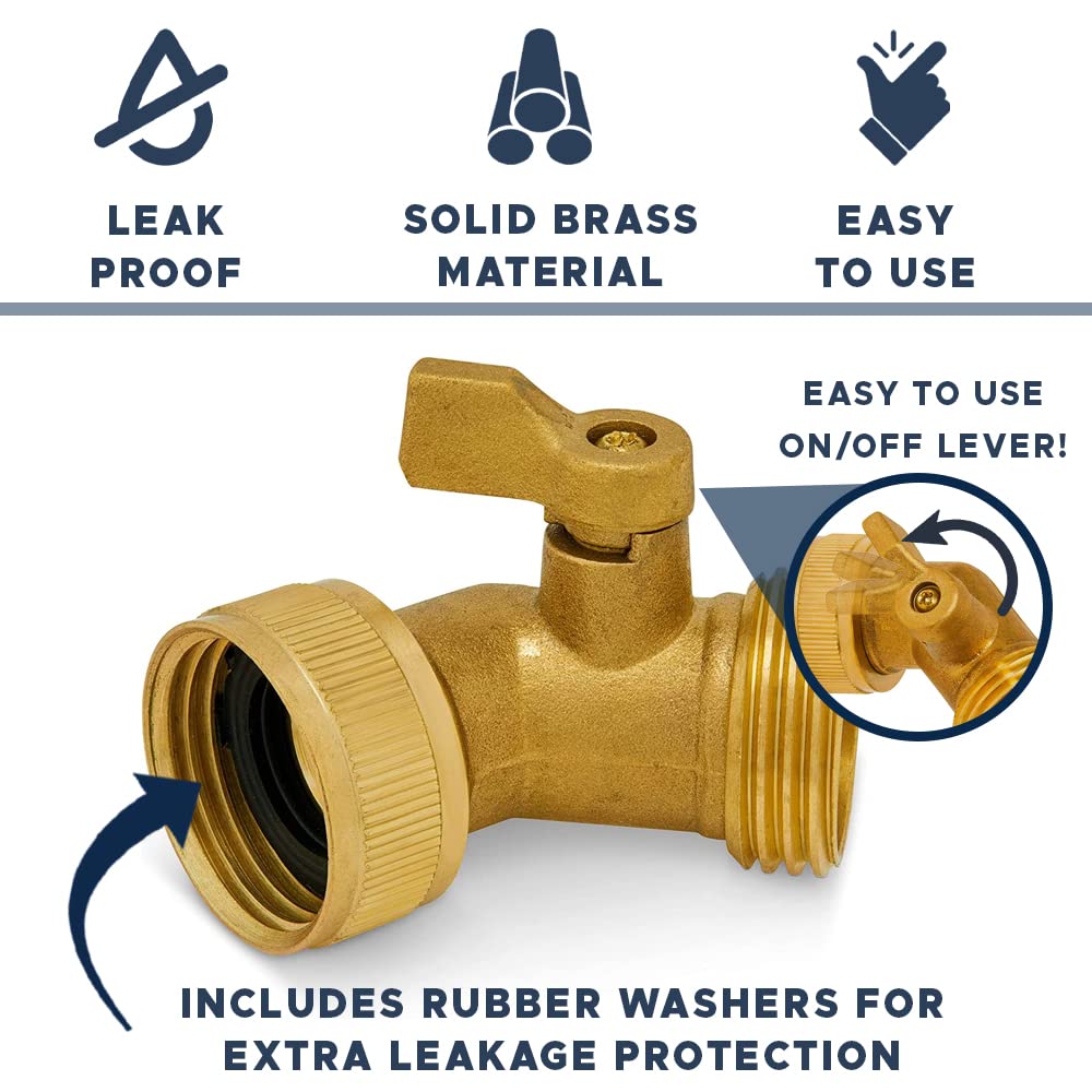 Morvat brass hose elbow with shutoff valve allows precise water control.