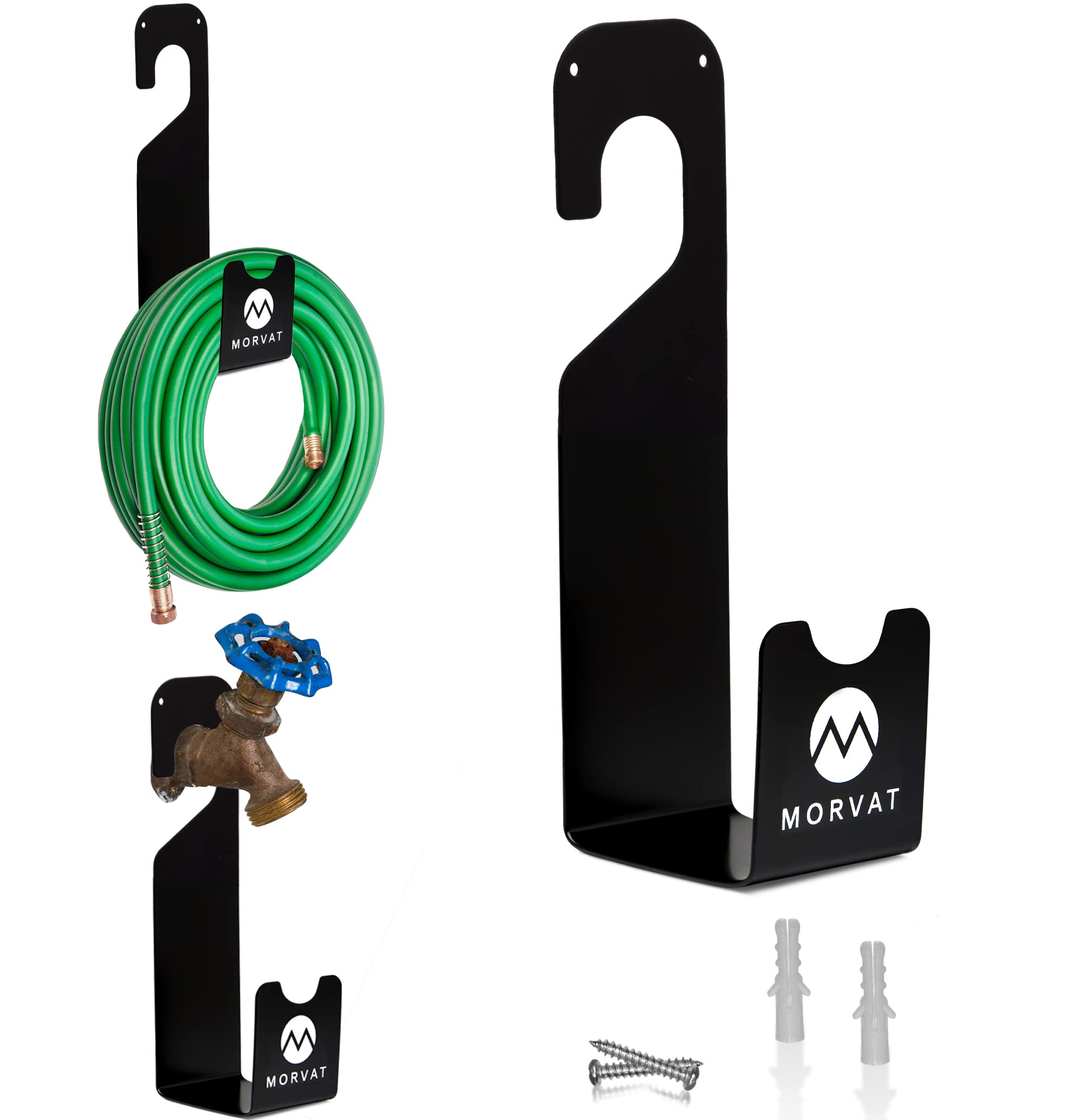 Morvat hose hanger with 150ft wall mount for secure garden storage.