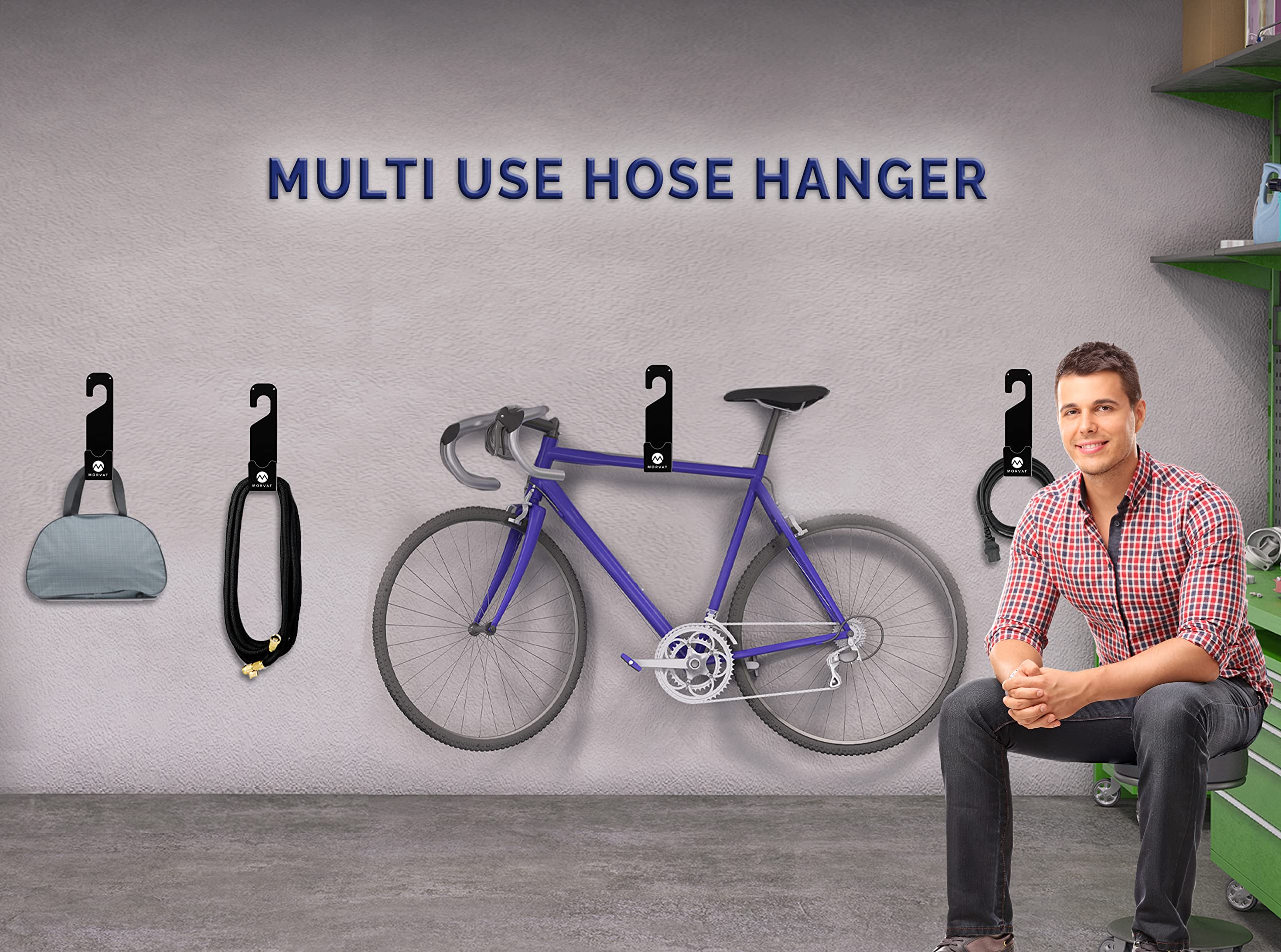 Morvat garage storage solution keeps hoses and tools organized.