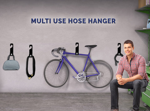 Morvat garage storage solution keeps hoses and tools organized.