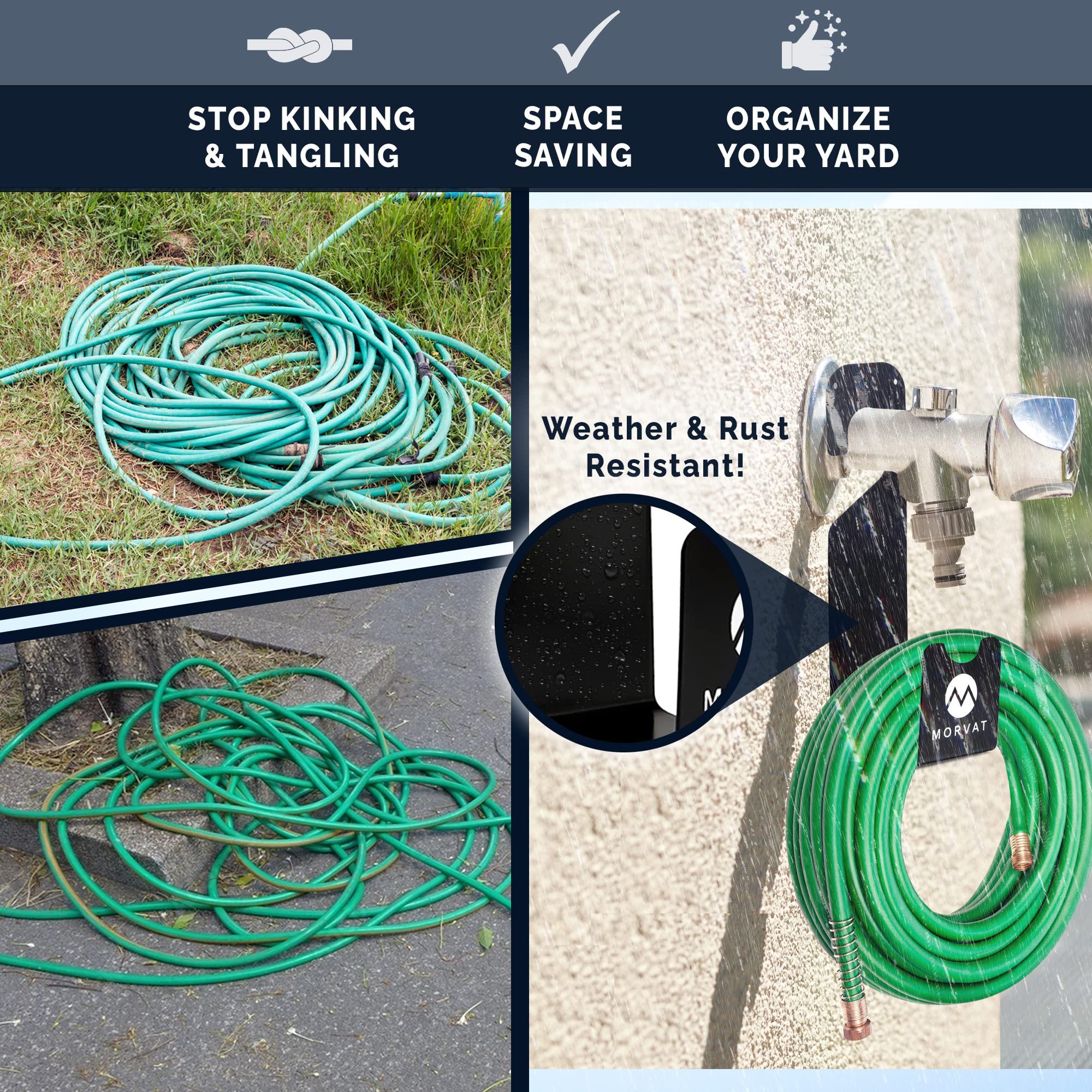 Morvat over-spigot hose hanger keeps hose accessible and tangle-free.