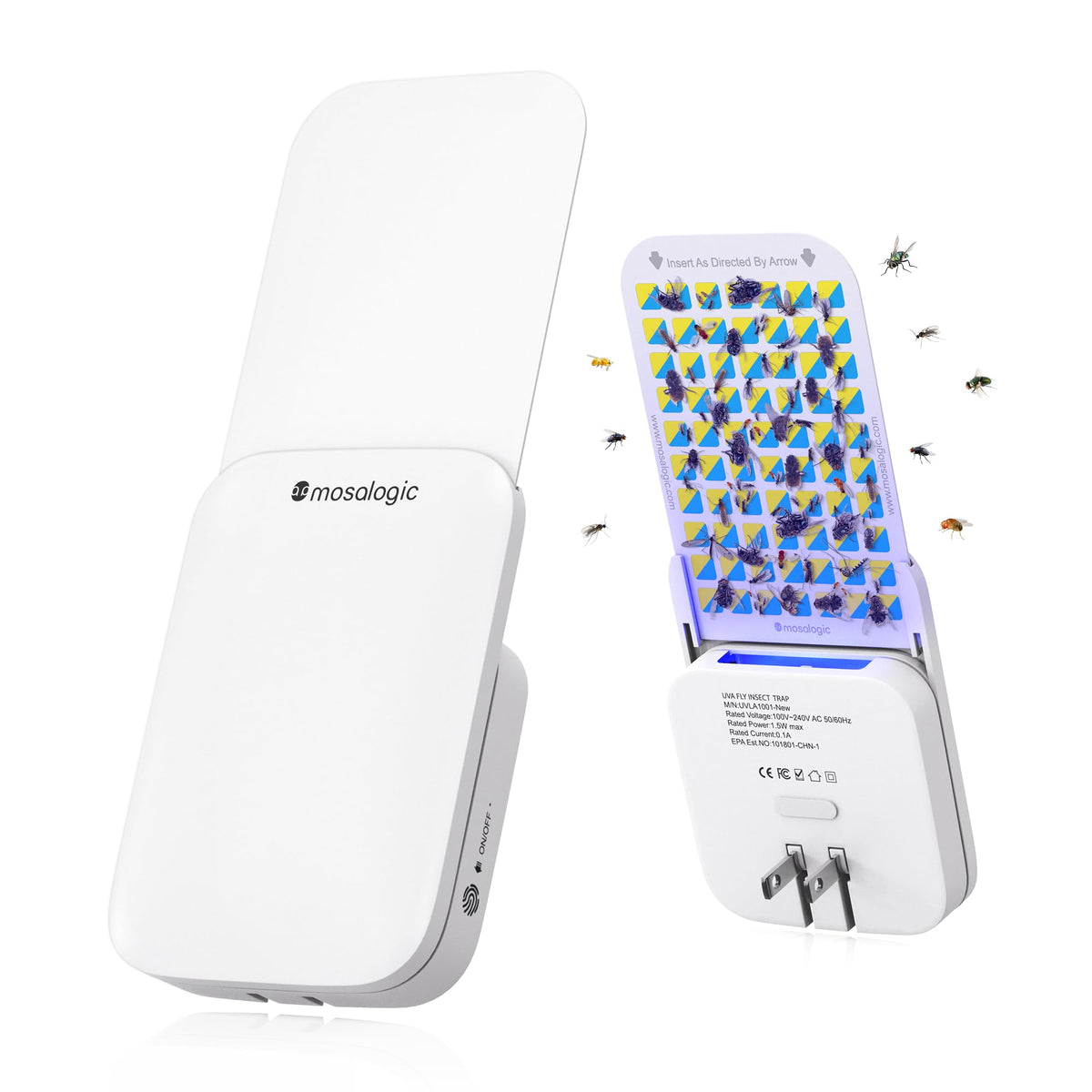 Mosalogic indoor UV fly trap front view showing compact design for pest control