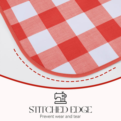 MOSAYT buffalo gingham pattern on tablecloth during outdoor dining setup.