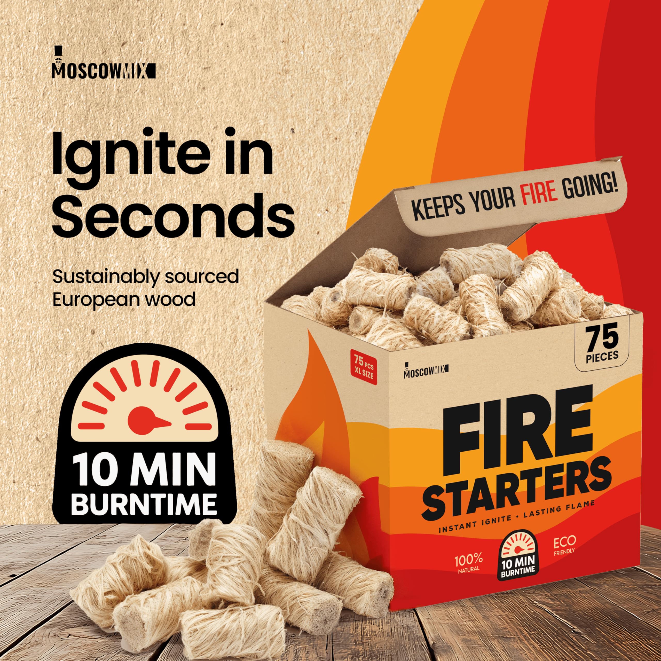 Waterproof pack of Moscow-Mix fire starters for reliable outdoors use