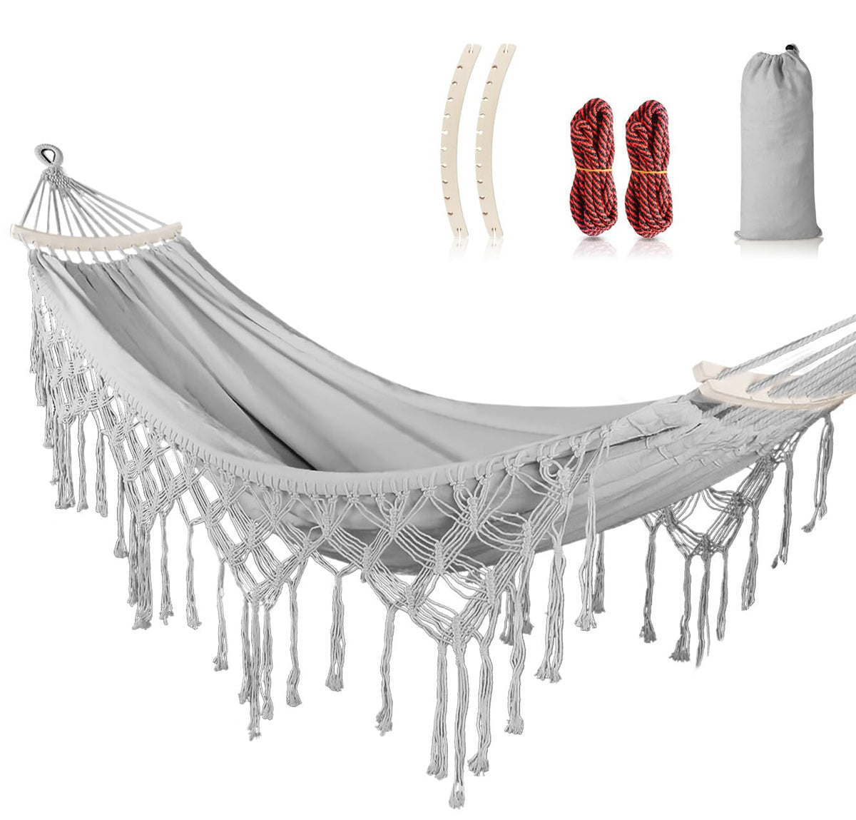 MOSFiATA backyard hammock with tassels gray for bohemian outdoor lounging.
