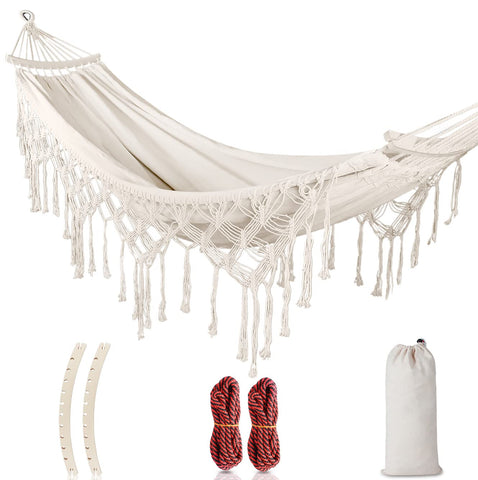 MOSFiATA backyard hammock tassels: stylish outdoor relaxation in white.