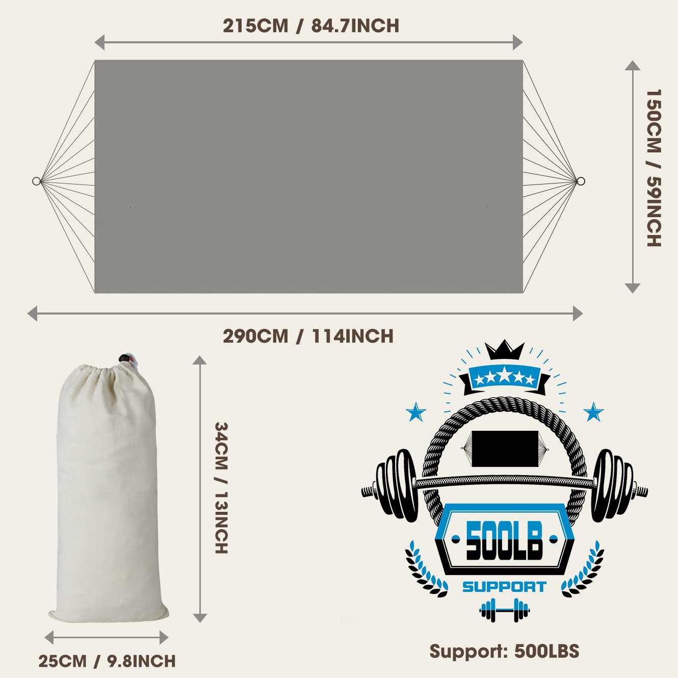 MOSFiATA canvas hammock with crescent bar offers stable support for safe lounging.