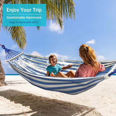 MOSFiATA hammock in blue and white suits patios and beaches.