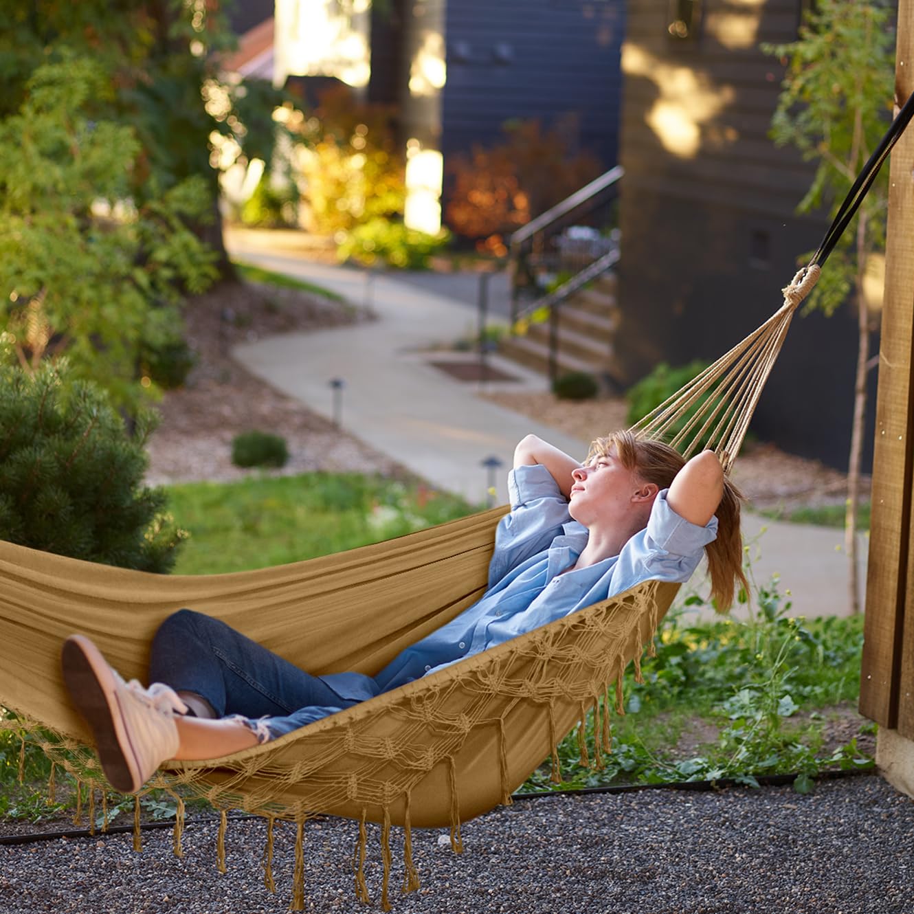 MOSFiATA outdoor garden hammock creates a cozy retreat in yards and patios.