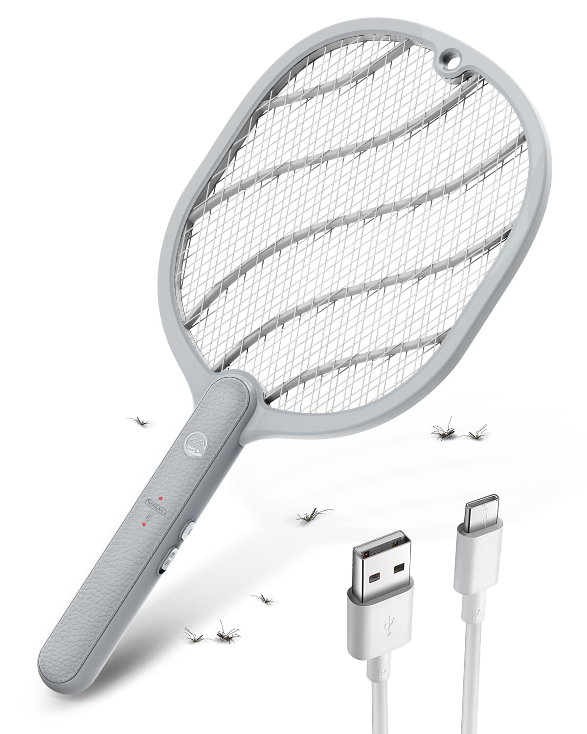 Mosiller electric fly swatter front view showing compact power for indoor and outdoor use