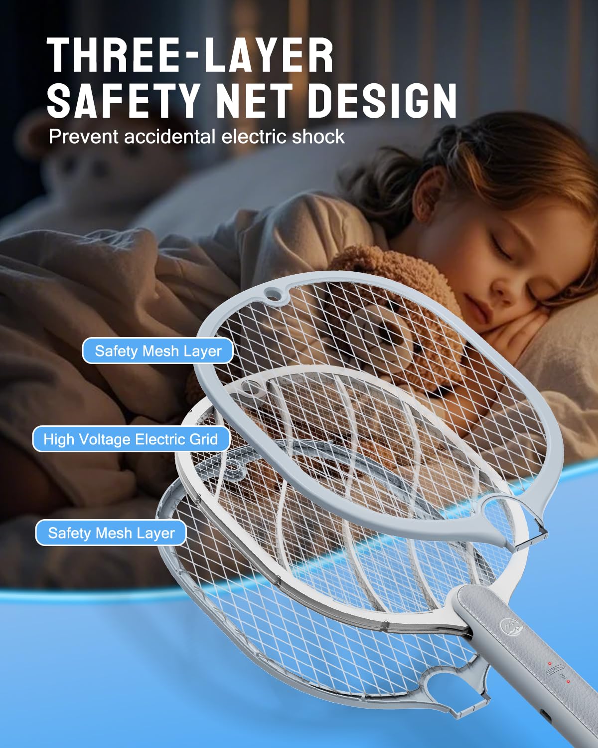 Mosiller electric fly swatter grid close-up showcasing 3-layer safety mesh