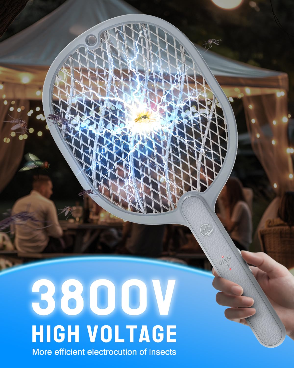 Mosiller electric fly swatter side view highlighting ergonomic grip for comfort