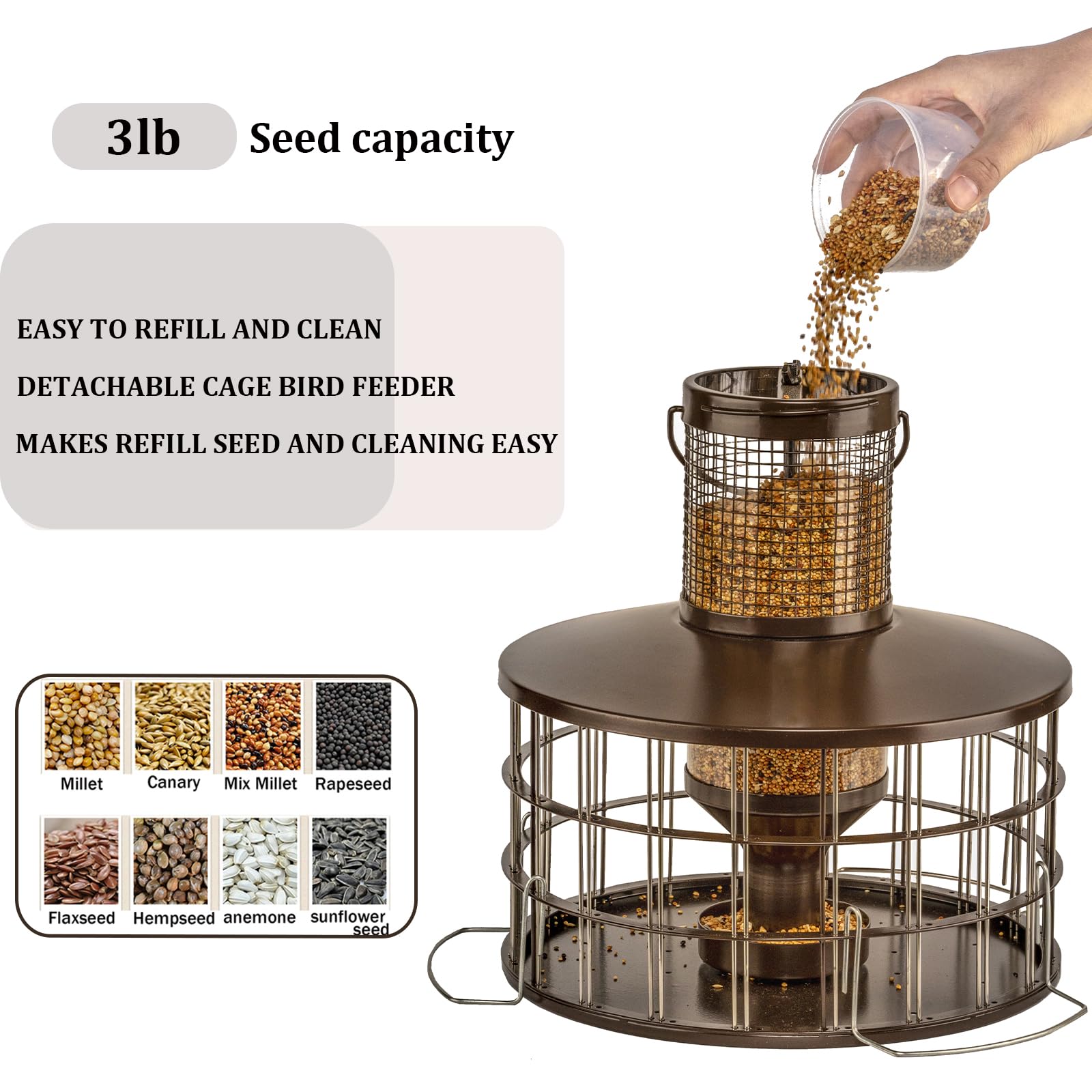 Mosloly all-weather steel cage protects seeds through rain, wind, and sun.