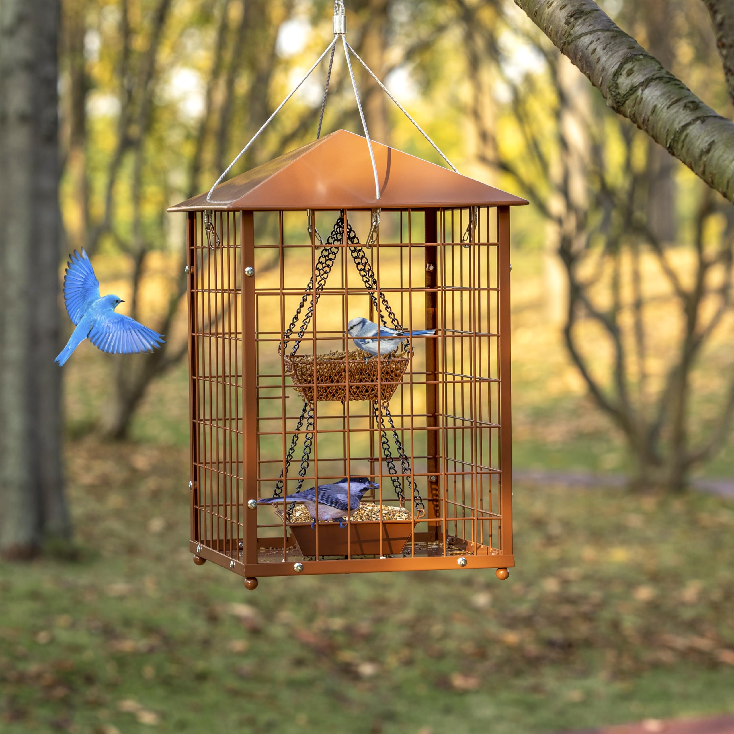 Mosloly brown metal bird feeder ideal for outdoor hanging.