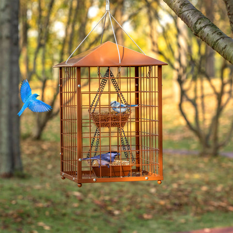 Mosloly brown metal bird feeder ideal for outdoor hanging.