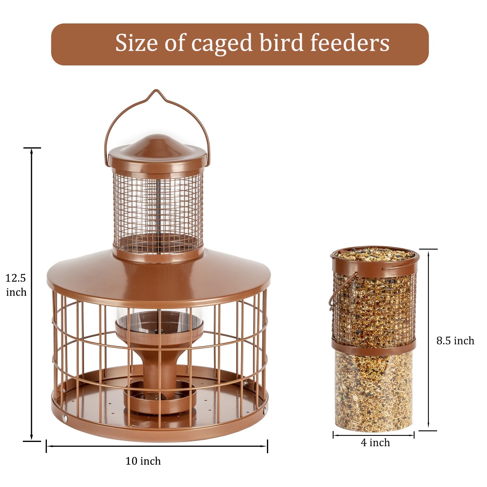Mosloly caged bird feeder brown finish blends with outdoor spaces.