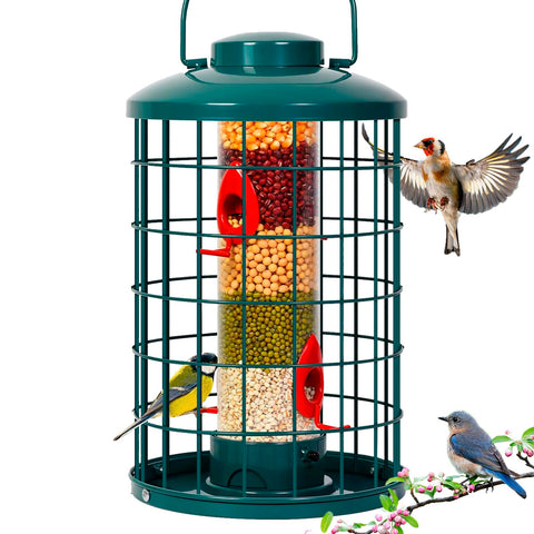 Mosloly caged bird feeder front view in green attracts wild birds to your garden.