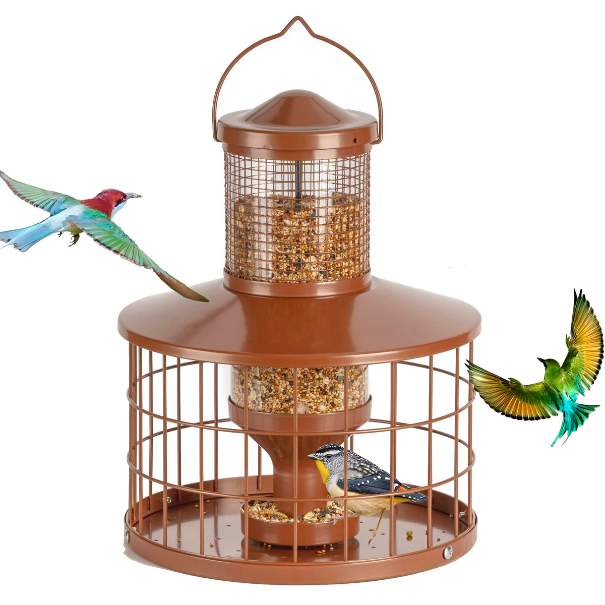 Mosloly caged bird feeder front view, durable metal construction for steady seed feeding.