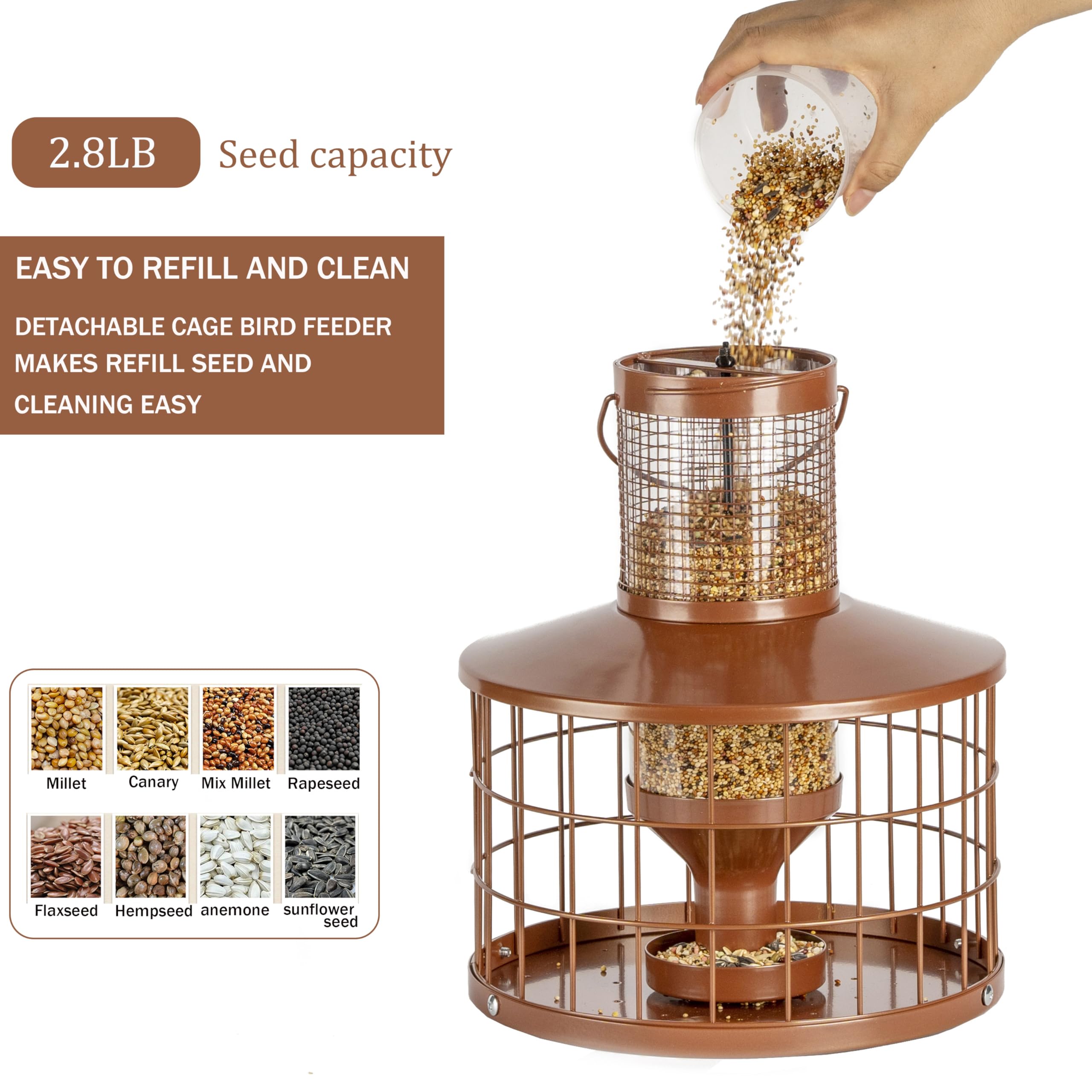 Mosloly caged bird feeder durable metal construction for long outdoor use.