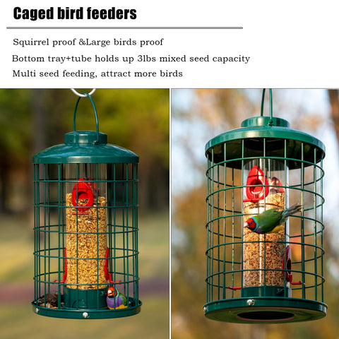 Mosloly caged bird feeder side view highlights durable metal construction for year-round use.