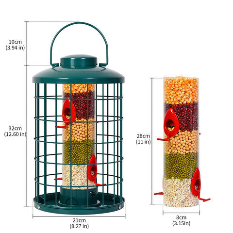 Mosloly dome-lid image suggests rain and snow protection keeping seed dry.
