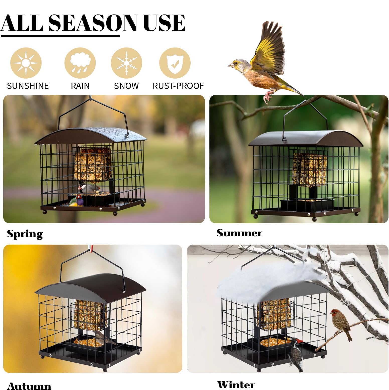 Mosloly feeder lid rain protection close-up emphasizes shelter for seed and suet