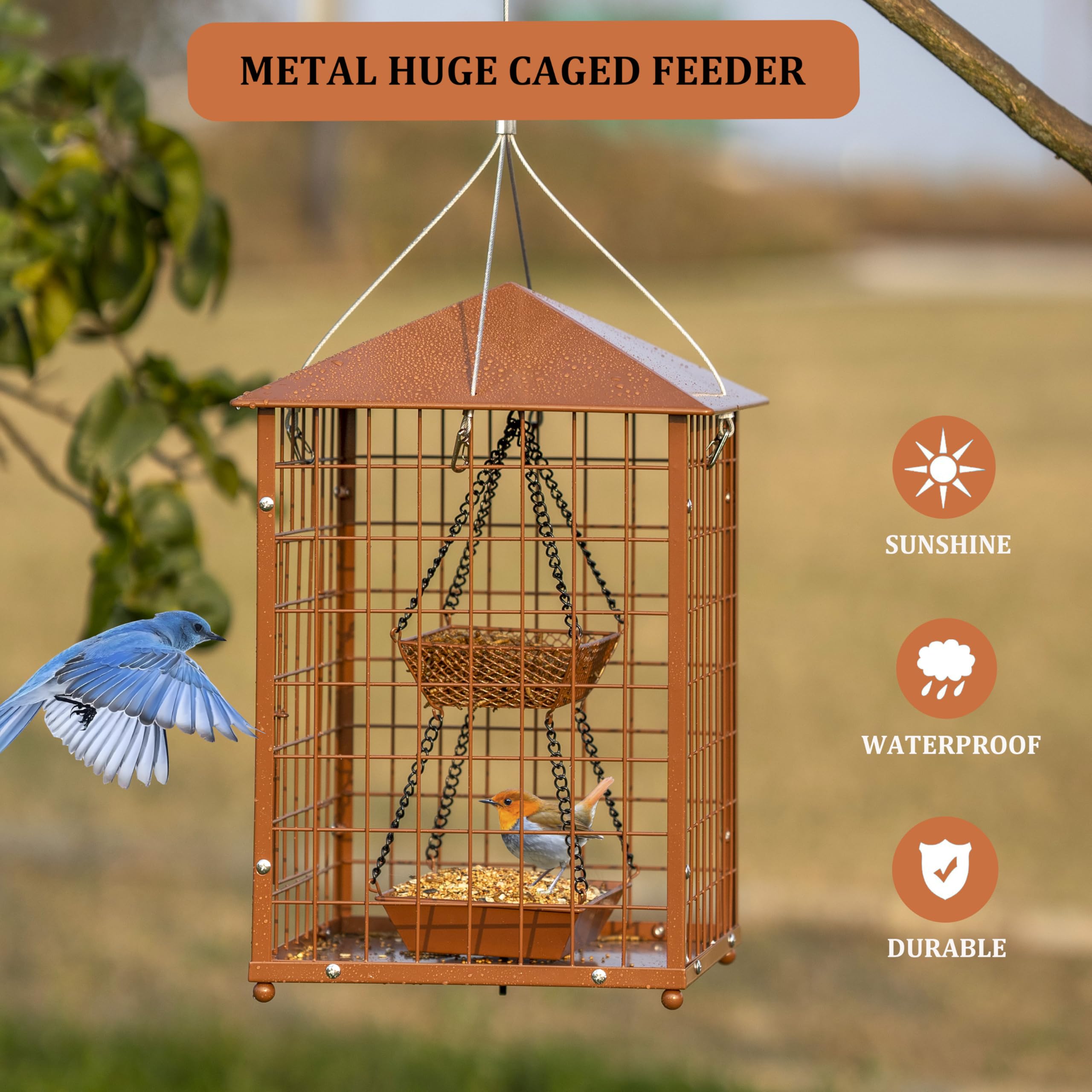 Mosloly large caged feeder measures 13x13x19.5 inches for safe feeding.