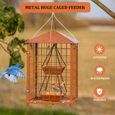 Mosloly large caged feeder measures 13x13x19.5 inches for safe feeding.