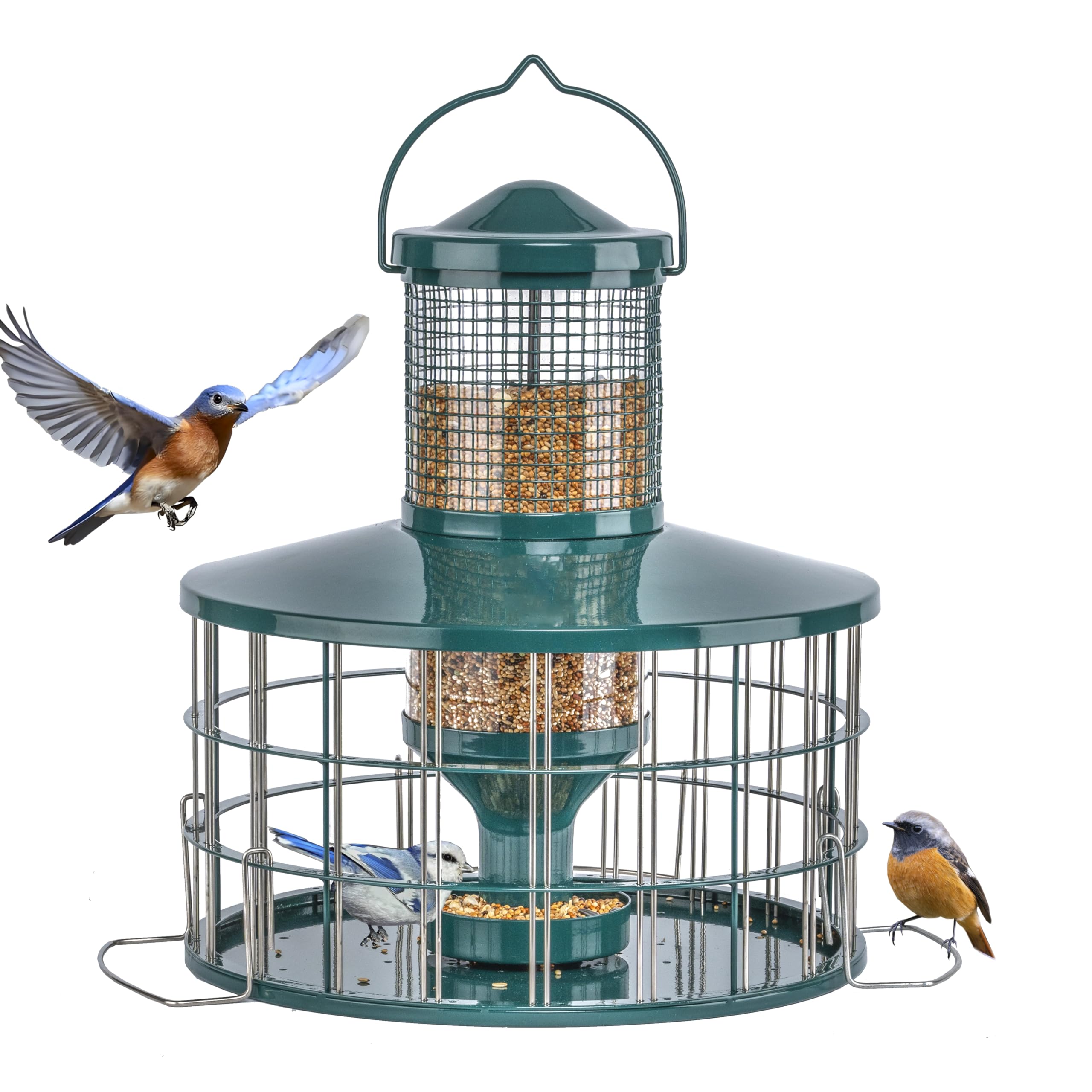 Mosloly Upgraded Caged Bird Feeder front view showing squirrel-proof protection for songbirds