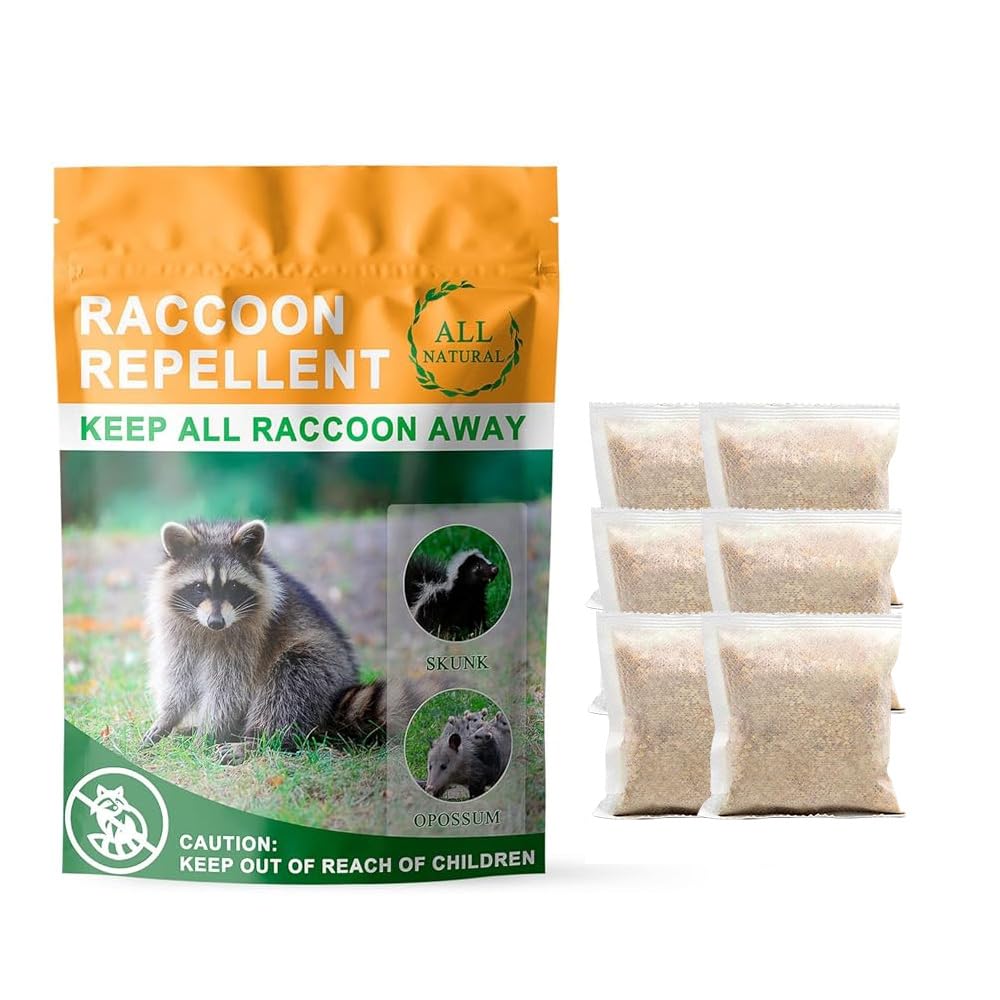 Mosquashield natural raccoon granules in a six-pack bag setup for near-trash deterrence.