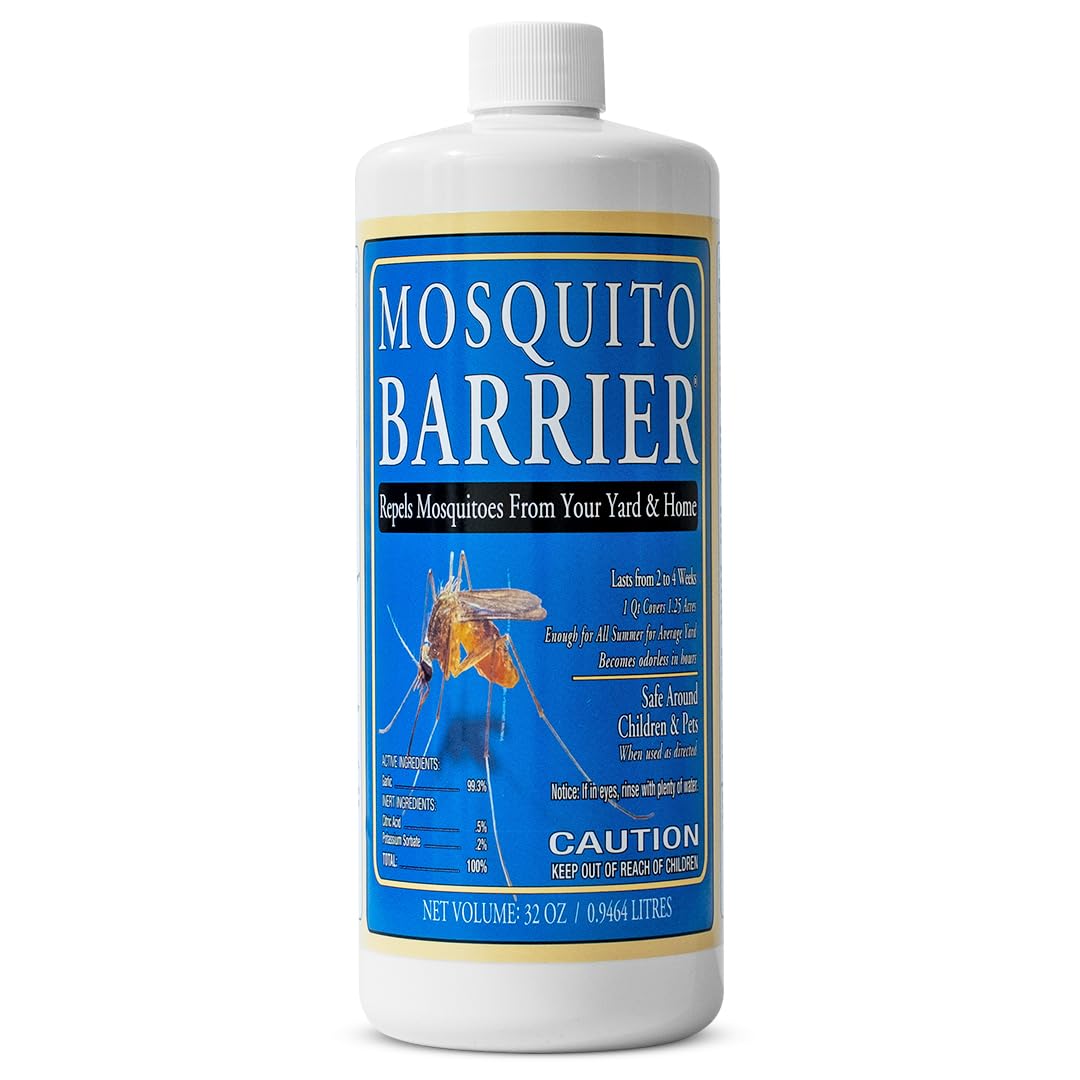 Mosquito Barrier garlic concentrate bottle for outdoor mosquito protection around patios.