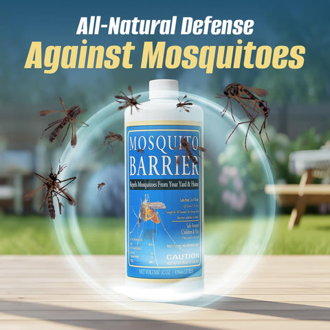 Mosquito Barrier liquid garlic application showing easy water mix for lawn treatment.