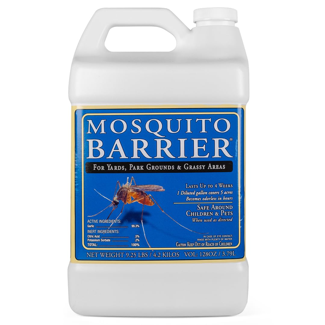 Mosquito Barrier liquid garlic bottle for outdoor use with easy mixing.