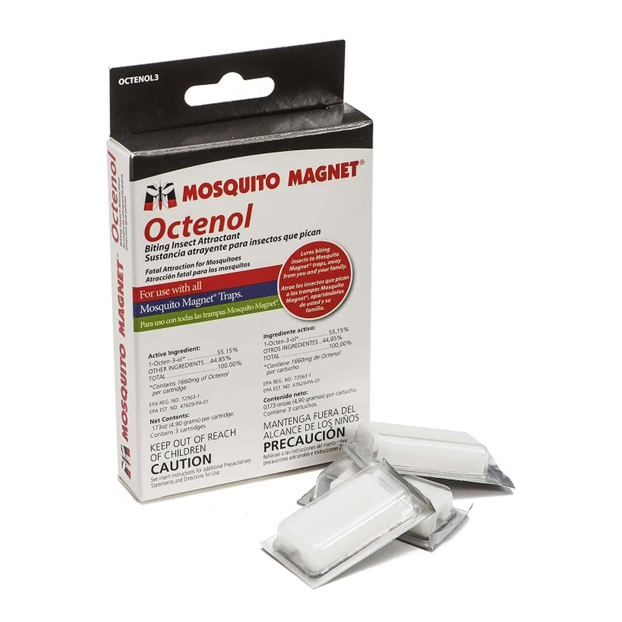 Mosquito Magnet Octenol3 attractant-pod-pack boosts lure strength for effective trapping.