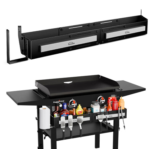 Mossime front griddle caddy on Blackstone 28/36 inch griddles with secure brackets.