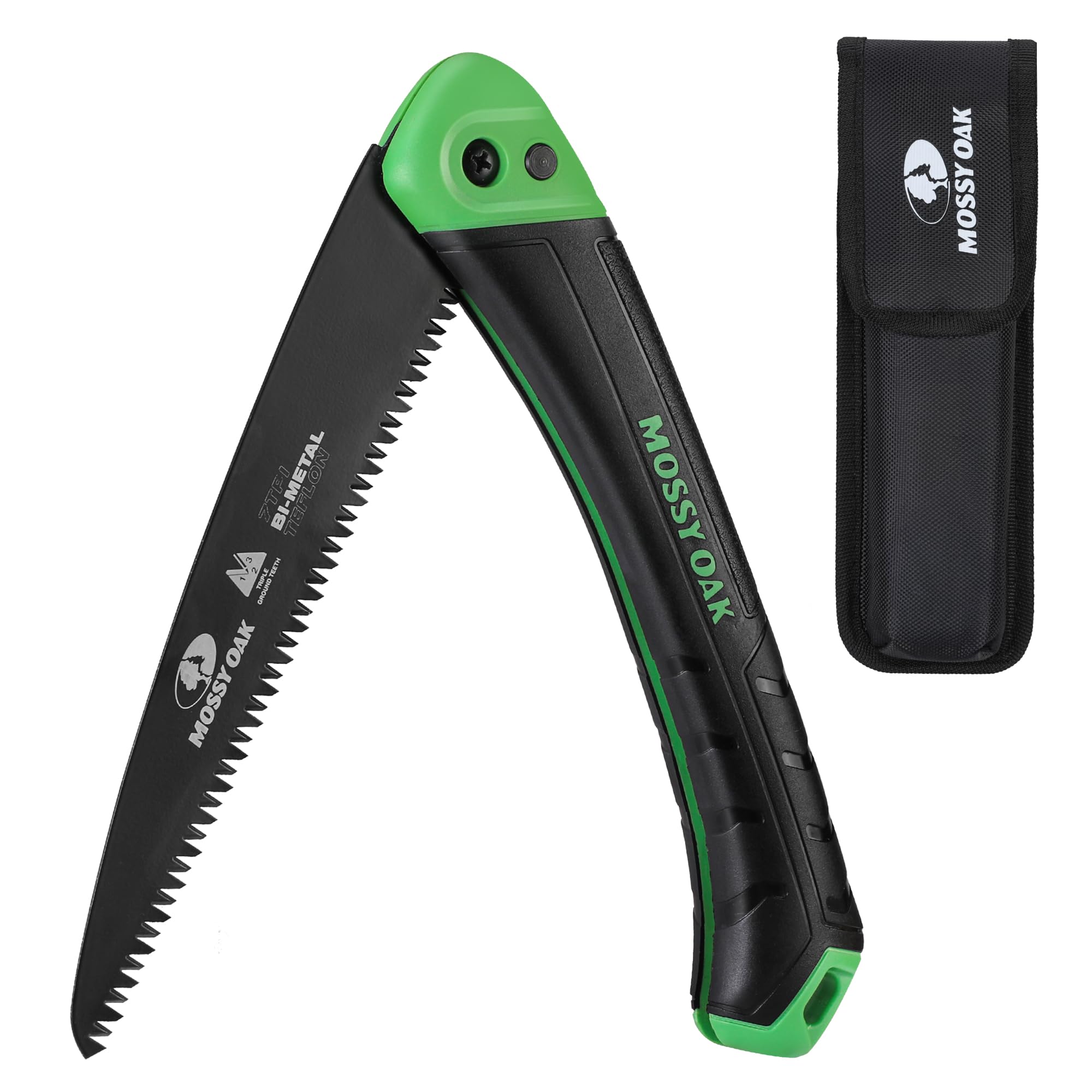 Mossy Oak folding saw with a 7-inch blade for quick pruning and outdoor wood cutting.