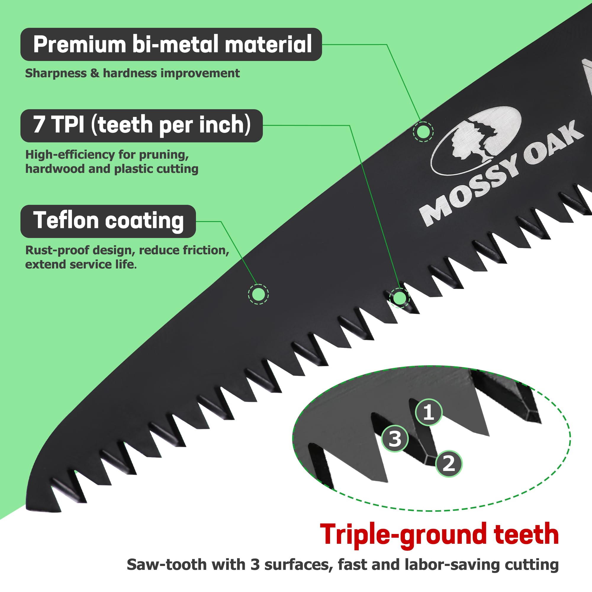 Mossy Oak folding saw with auto-lock safety design for secure use.