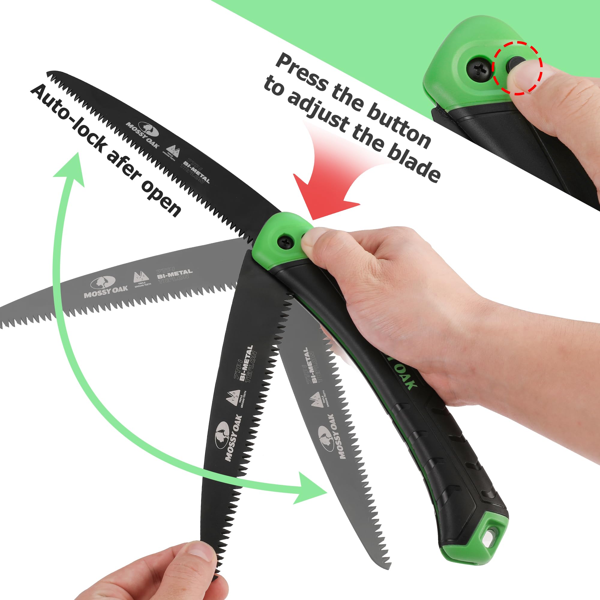 Mossy Oak folding saw featuring a teflon-coated blade for smoother cuts.