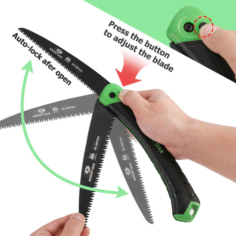 Mossy Oak folding saw featuring a teflon-coated blade for smoother cuts.