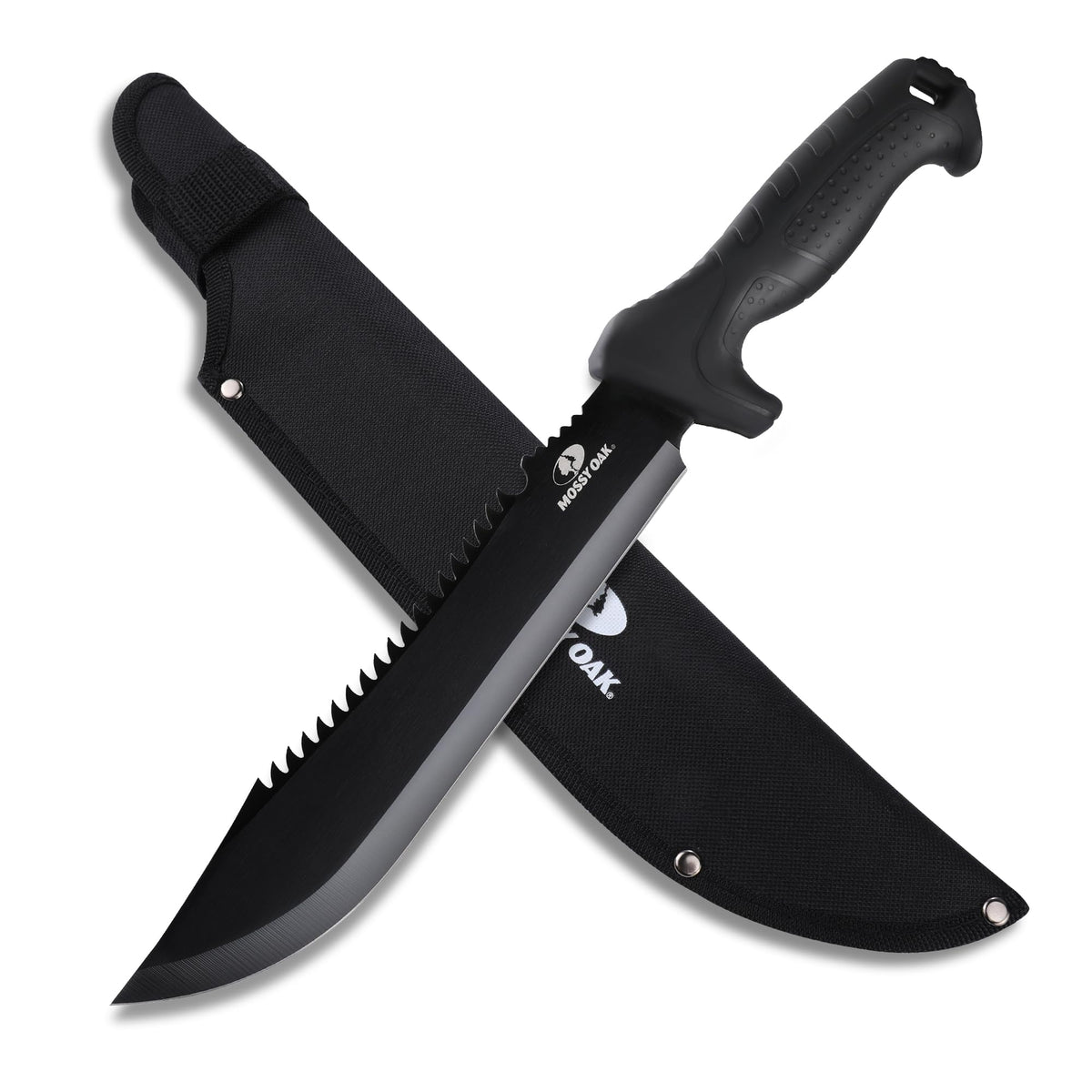 Mossy Oak 16-inch machete blade for tough brush cutting and camping tasks.